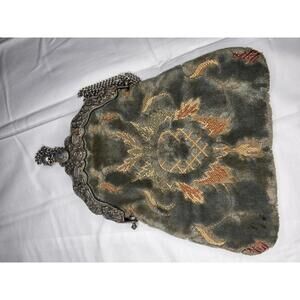 Antique Velvet Embroidered Floral Evening Bag Purse w/ Chain & Filigree Frame